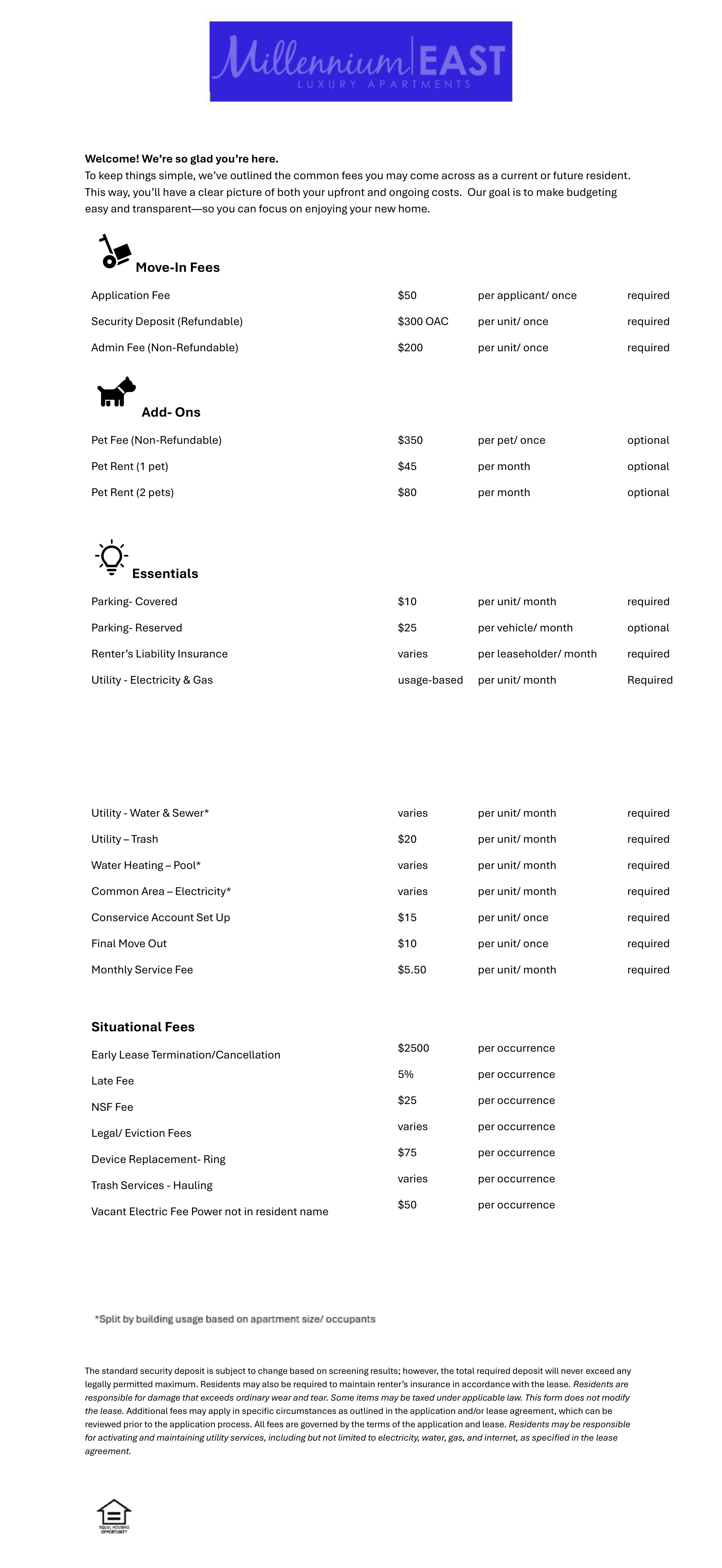 Millenium East Fee Guide